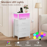 Vagusicc Night stand Set 2 with Charging Station, LED Nightstand for Bedroom, White Bedside Table with 3 Fabric Drawer, End Table Side Table with USB Ports & Outlets, Bed Side Table for Bedroom, White Vagusicc