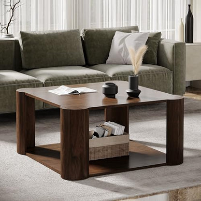 Tribesigns Modern Square Coffee Table, 33.85-Inch Coffee Table with 2-Tier Shelves, Accent Center Table for Living Room, Lounge, Dark Walnut - WoodArtSupply