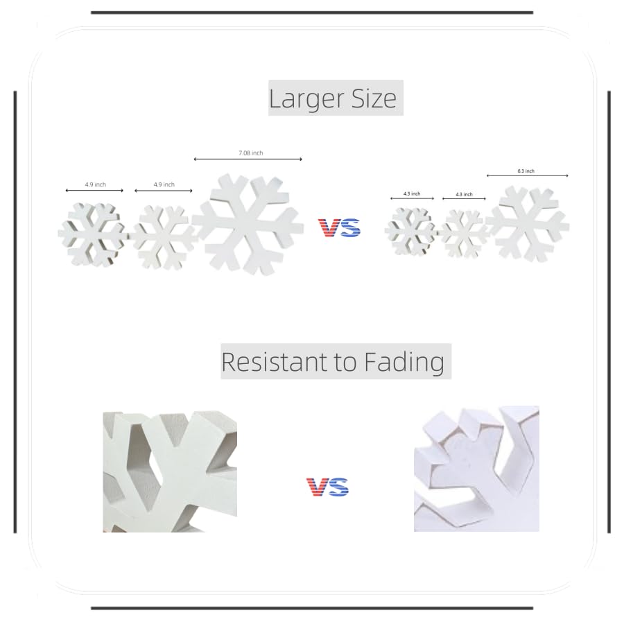 3pc Wood Snowflakes Christmas Decorations, Standing White Wooden Snowflakes Ornaments Winter Wonderland Decor, WellPainted Christmas Table Decor,Sturdy Large Snowflake Decor for Home Kitchen Fireplace