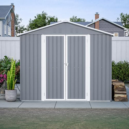 Ball & Cast 8x12 FT Storage Shed with 2 Lockable Doors,All Weather Outdoor Metal Tool House W/Floor Frame and 2 Vents,for Backyard,Patio,Lawn,Garden,Grey