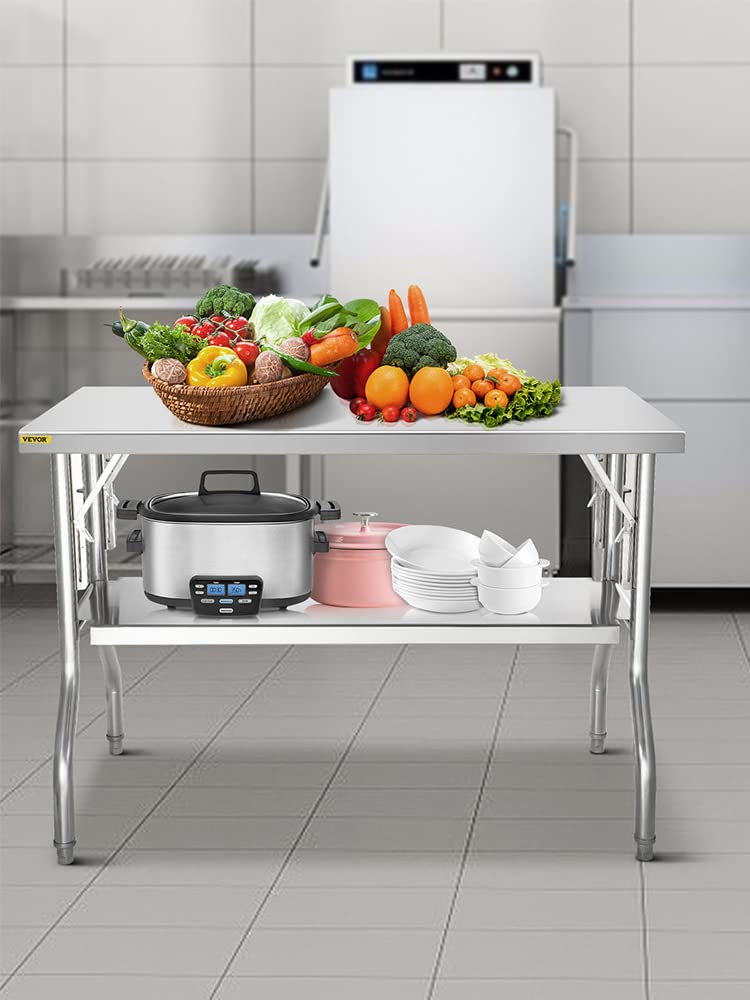 VEVOR Commercial Worktable Workstation 48 x 24 Inch Folding Commercial Prep Table, Heavy-duty Stainless Steel Folding Table with 772 lbs Load, Kitchen Work Table, Silver Stainless Steel Kitchen Island VEVOR