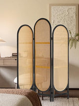 3 Panel Folding Room Divider, Hand-Woven Rattan Room Dividers and Folding Privacy Screens with Bi-Directional Hinge, Pre-Assembled Partition Room Dividers for Home Office Bedroom Restaurant, Black ALeesing