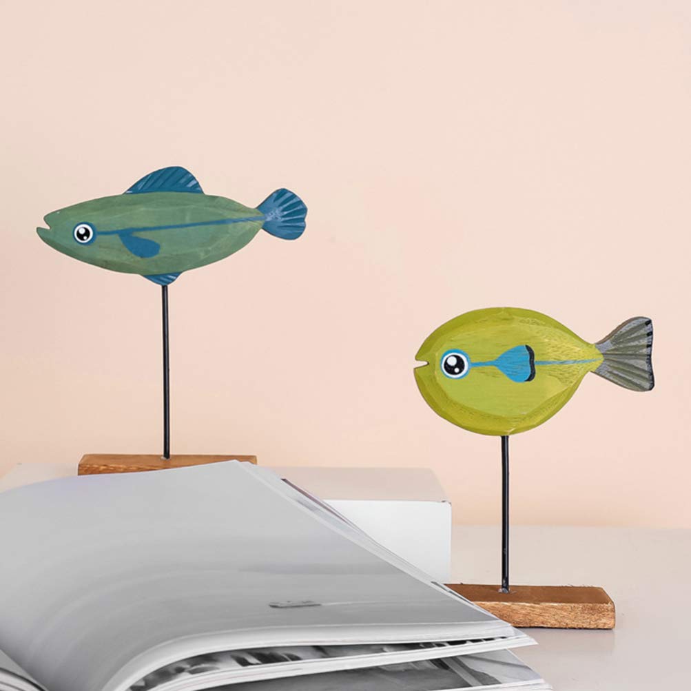 LIFKOME Nautical Fish Decor Wooden Fish Sculpture Wood Fish Statue on Base Stand Desktop Wood Fish Decor for Bathroom Bedroom Lake Beach House Decoration Blue Wood Fish Figurine