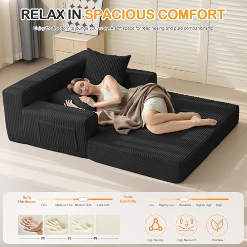 Erament Loveseat Boneless Convertible Sofa Bed, Folding Floor Futon Sleeper Sofa Couch Bed- Boneless Foldable Couch, Corduroy Pull Out Sofa Bed with 2 Pillows for Living Room & Bedroom Erament