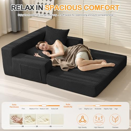 Erament Loveseat Boneless Convertible Sofa Bed, Folding Floor Futon Sleeper Sofa Couch Bed- Boneless Foldable Couch, Corduroy Pull Out Sofa Bed with 2 Pillows for Living Room & Bedroom Erament