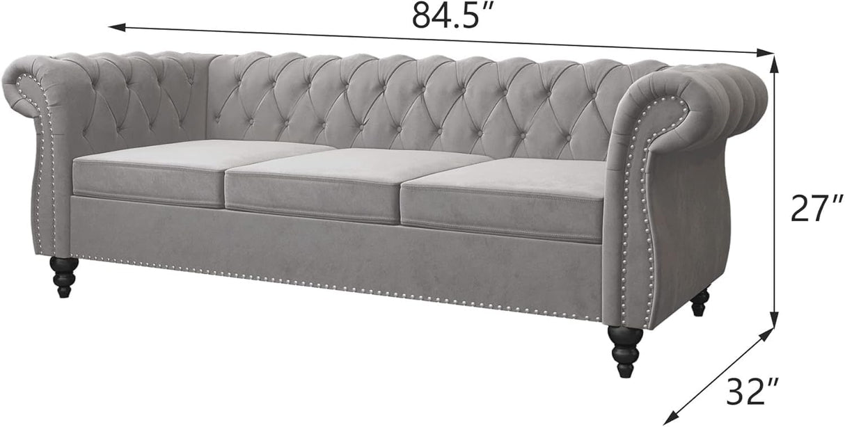 RUSTYER Chesterfield 3 Seater Sofa, Modern Velvet Tufted Couch 3 Seater with Rolled Arms and Nailhead Mid-Century Upholstered Couch for Living Room, Bedroom, Apartment and Office, Grey RUSTYER