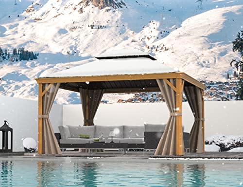 Domi 12x14FT Hardtop Gazebo with Netting & Curtains, Outdoor Aluminum Frame Gazebo with Galvanized Steel Double Roof, Outdoor Permanent Metal Pavilion for Patio Deck Lawn and Garden, Wood-Looking domi outdoor living