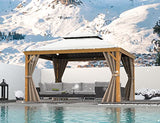 Domi 12x14FT Hardtop Gazebo with Netting & Curtains, Outdoor Aluminum Frame Gazebo with Galvanized Steel Double Roof, Outdoor Permanent Metal Pavilion for Patio Deck Lawn and Garden, Wood-Looking domi outdoor living