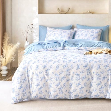 Wake In Cloud - Cottagecore Comforter Set, Floral Vintage Flower Shabby Chic Coquette Aesthetic for Women Teen Girls, Soft Lightweight Dorm Bedding, 3 Pieces, Light Blue, Twin/Twin XL Size Wake In Cloud