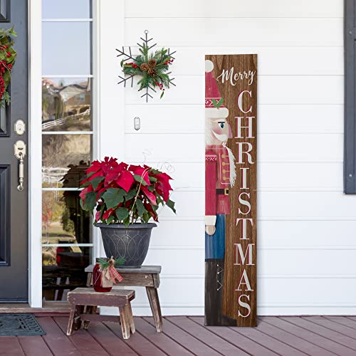 Glitzhome Wooden Welcome Sign for Front Door Porch Farmhouse Christmas Wall Hanging Nutcracker Sign Primitive Porch Sign for Christmas Festivals, 60”H - WoodArtSupply