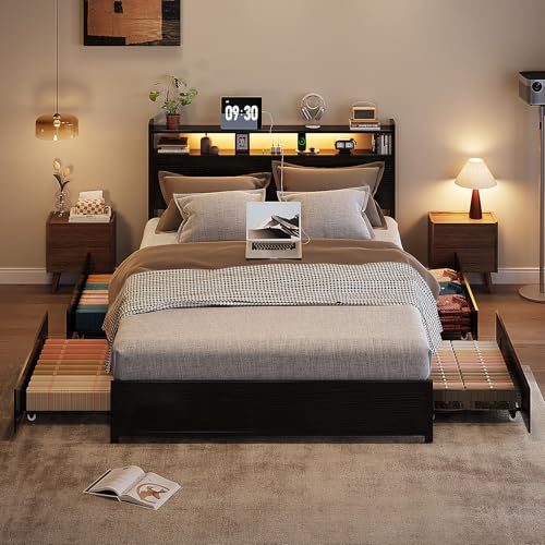 VINGLI Queen Platform Bed Frame with 4 Storage Drawers and Adjustable Headboard Shelf, Metal Bed with Charging Station and LED Lights, No Box Spring Needed, Noise Free, Easy Assembly, Black VINGLI