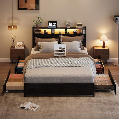 VINGLI Queen Platform Bed Frame with 4 Storage Drawers and Adjustable Headboard Shelf, Metal Bed with Charging Station and LED Lights, No Box Spring Needed, Noise Free, Easy Assembly, Black VINGLI
