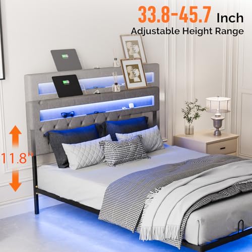 VINGLI Floating Bed Frame Queen with Charging Station,RGB LED Lights, Metal Platform Bed with Upholstered Headboard, Adjustable Height, Gray VINGLI