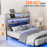 VINGLI Floating Bed Frame Queen with Charging Station,RGB LED Lights, Metal Platform Bed with Upholstered Headboard, Adjustable Height, Gray VINGLI