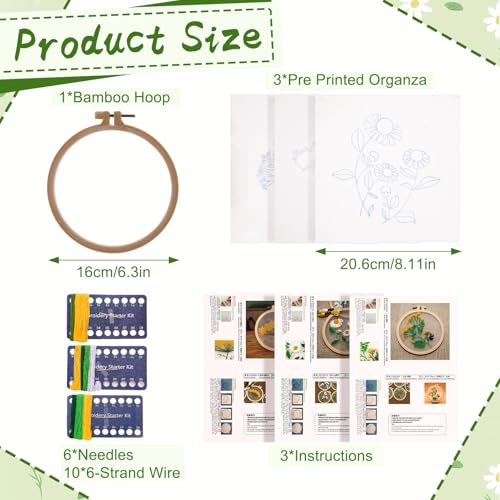 Ovveroche 3 Sets Embroidery Kit for Beginners, Flower Cross Stitch Kits for Adults, Starter, Hand Craft Lover Practice with Floral Stamped Pattern Yellow
