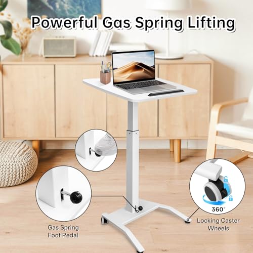JSJCCTESK Mobile Standing Desk with 45° Tilting Desktop, Portable Rolling Standing, Height Adjustable Sit Stand Foldable with Wheels, Mobile Desk Workstation for Home Office (White, Large) JSJCCTESK