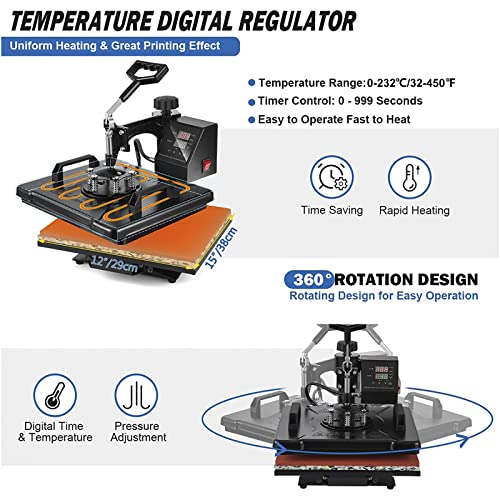 Heat Press, 8 in 1 Heat Press Machine 29x38cm/12x15 inch, 360° Swing Away Digital T Shirt Pressing Machine, Multifunction Heat Transfer Sublimation Combo for T Shirts Mugs Hat Plate Cap WoodArtSupply