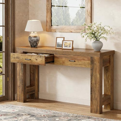 Tribesigns 63" Farmhouse Console Table with Drawers, Sofa Entryway Table for Hallway, Living Room, Countryside Narrow Console Furniture, Brown Tribesigns