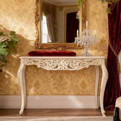 JIJIWANG 43.31" Distressed Console Table with Carved Details,Weathered Wash Vintage French Country Entry Table with Wood Carvings and Curved Legs for Hallway Living Room,Natural Wood JIJIWANG