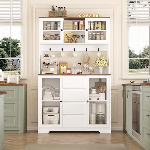 HIFIT 71" Tall Kitchen Pantry Cabinet, Kitchen Hutch Coffee Bar with 4 Drawers & 5 Metal Hooks & 4 Doors & Microwave Stand, Hutch Cabinet for Living Room, Dining Room, White Pantry HIFIT