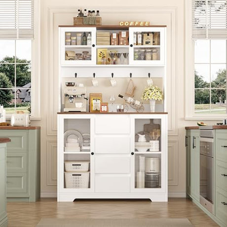 HIFIT 71" Tall Kitchen Pantry Cabinet, Kitchen Hutch Coffee Bar with 4 Drawers & 5 Metal Hooks & 4 Doors & Microwave Stand, Hutch Cabinet for Living Room, Dining Room, White Pantry HIFIT