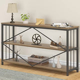 LVB Rustic Oak Industrial Console Sofa Table with 3-Tier Shelving for Entryway and Foyer LVB