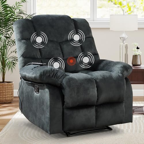 ANJ Massage Recliner Chair with Heat for Adults, Manual Recliners with Soft Fabric, Ergonomic Reclining Sofa with Overstuffed Armrests and Backrest, Single Recliner Chairs for Living Room, Dark Green