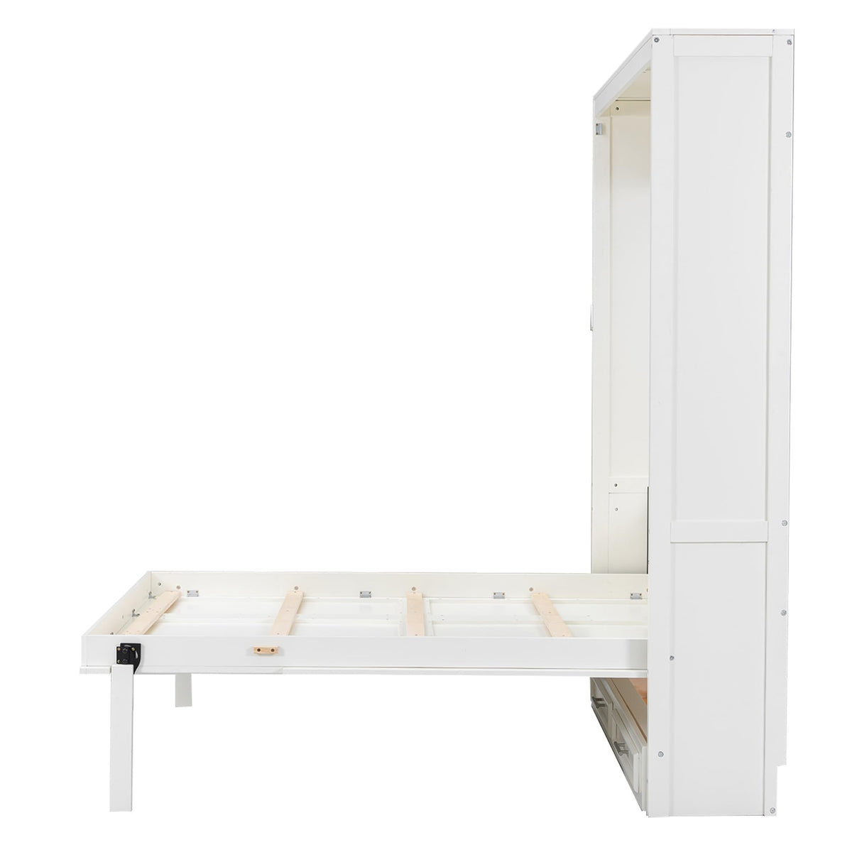 Merax Modern Full Size Murphy Bed with 2 Drawers, Space Saving Wall Bed Foldable into Wardrobe, Solid Pine Wood Frame, No Box Spring Needed, Beige Merax