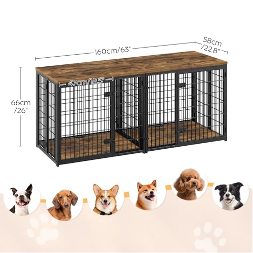 YATINEY Foldable Dog Crate Furniture for 2 Dogs, 63'' Double Dog Kennel Indoor with Removable Divider, Heavy Duty Dog Cage, for Small/Medium/Large Dog, TV Stand, Rustic Brown DC160BR YATINEY