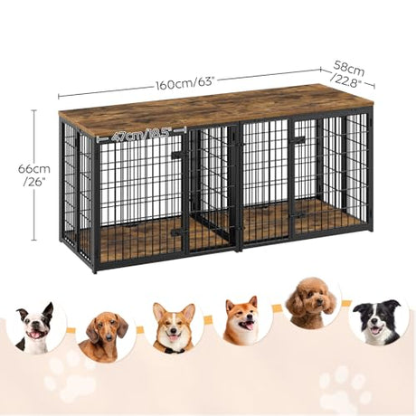 YATINEY Foldable Dog Crate Furniture for 2 Dogs, 63'' Double Dog Kennel Indoor with Removable Divider, Heavy Duty Dog Cage, for Small/Medium/Large Dog, TV Stand, Rustic Brown DC160BR YATINEY