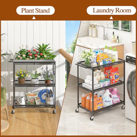 3 Tier Rolling Utility Kitchen Cart, Heavy Duty Wire Rolling Cart on Wheels, Commercial Metal Serving Carts with Handle, Kitchen Island Plant Shelf Food Storage Trolley for Laundry, Office, Garage ThreeHio