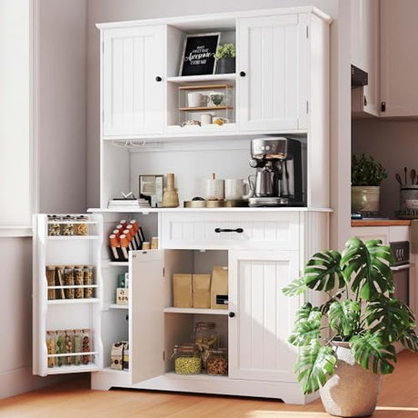 Gizoon Kitchen Hutch with Storage Kitchen Pantry Cabinet with Doors and Shelves Coffee Bar Cabinet with Storage Farmhouse Pantry for Dining Room and Craft Room, White Gizoon