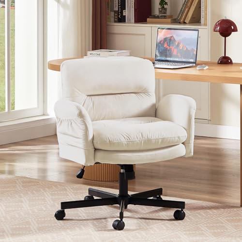 Bestier Criss Cross Office Chair with Flip-Up Arms, Vanity Comfy Chair with Thick Cushion & Wheels, Cross Legged Office Chair for Home Office, Bedroom, Beige Velvet Bestier