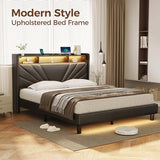 Rolanstar Full Size Bed Frame, Storage Headboard with Charging Station and LED Lights, Upholstered Bed with Heavy Duty Wood Slats, No Box Spring Needed, Noise Free, Easy Assembly, Black Rolanstar