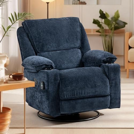 Culect 360° Swivel Rocker Recliner Multi-Functional Nursing Chair with Heating Massage, Manual Recliner Chair with Cup Holders, Lazyboy Recliner Chair for Living Room, Bedroom, Navy Blue Culect
