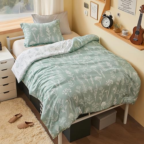 Joiedomi Twin Comforter Set, Sage Green 2 Pieces Floral Twin Bedding Set for School Girls Bed with 1 Soft Reversible Botanical Comforter and 1 Pillow Sham, Bed in a Bag for All Seasons Joiedomi
