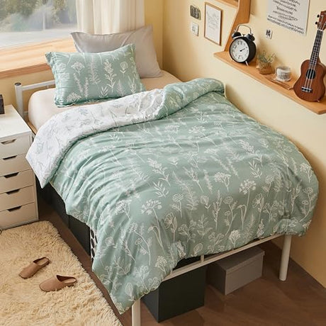 Joiedomi Twin Comforter Set, Sage Green 2 Pieces Floral Twin Bedding Set for School Girls Bed with 1 Soft Reversible Botanical Comforter and 1 Pillow Sham, Bed in a Bag for All Seasons Joiedomi