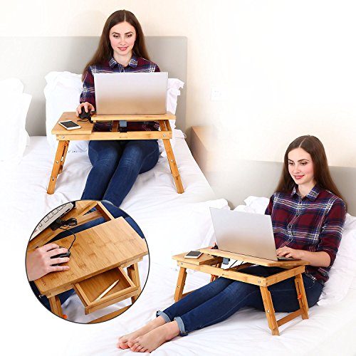 Laptop Desk Nnewvante Table Adjustable Bamboo Foldable Breakfast Serving Bed Tray w' Tilting Top Drawer - WoodArtSupply