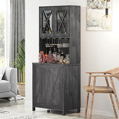 YITAHOME Farmhouse Bar Cabinet, 67" Tall Wine Bar Cabinet with for Wine Glass Rack, Home Bar Cabinet with Open Storage Shelves ＆ Glass Doors for Living Room, Hallway, Charcoal Grey - WoodArtSupply