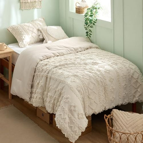 Bedsure Tufted Boho Comforter Set Twin Size - Beige Boho Bed Set, GentleSoft™ 2 Pieces Farmhouse Shabby Chic Embroidery Bedding, Gifts for Woman, Soft Jacquard Twin Comforter for All Seasons Bedsure