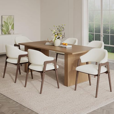 MALOL Wooden Dining Chairs Set of 6, Modern Fabric Upholstered Dining Room Chair, Kitchen Side Chairs, Farmhouse Dinner Chair with Curved Open Back for Kitchen, Beige