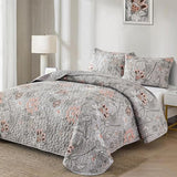 WONGS BEDDING Floral Quilt Set King Size, Grey Botanical King Bedspread Bedding Sets Soft Lightweight Microfiber Flower Gray Coverlet Set 3 Pieces for All Season (104"x90") WONGS BEDDING
