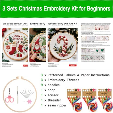 Smart-Feather 3 Sets Holiday Embroidery kit for Beginners, Hand Embroidery Kits for Adults with Hoop, DIY Art Project Craft Kit (Season) Smart-Feather