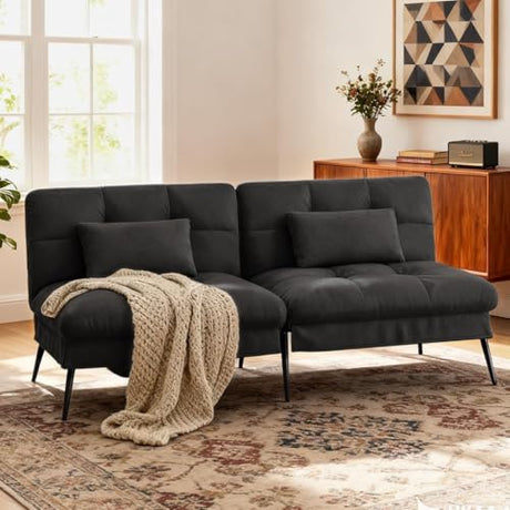 COMHOMA Convertible Futon Sofa Bed, 72″Fabric Futons Couch with Adjustable Backrest, Folding Sleeper Recliner for Living Room Furniture (Black) COMHOMA