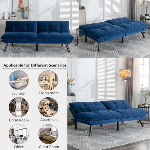 Modern Velvet Convertible Folding Futon Couch Sofa Bed Adjustable Pillow Top Arm Memory Foam Couch Double Loveseat Sofa for Compact Living Space,Dorm,Game Studio,Apartment,Bedroom (Navy Blue) Klwenas Maec