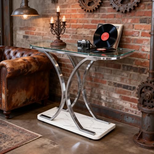 O&K FURNITURE Silver Glass Console Tables for Entryway,Glass Entryway Table with Curved Frames and Marble Base, Modern Entrance Table Sofa Table for Living Room,Hallway,Silver Glass&White Marble O&K FURNITURE