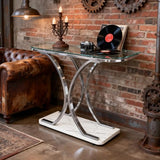 O&K FURNITURE Silver Glass Console Tables for Entryway,Glass Entryway Table with Curved Frames and Marble Base, Modern Entrance Table Sofa Table for Living Room,Hallway,Silver Glass&White Marble O&K FURNITURE