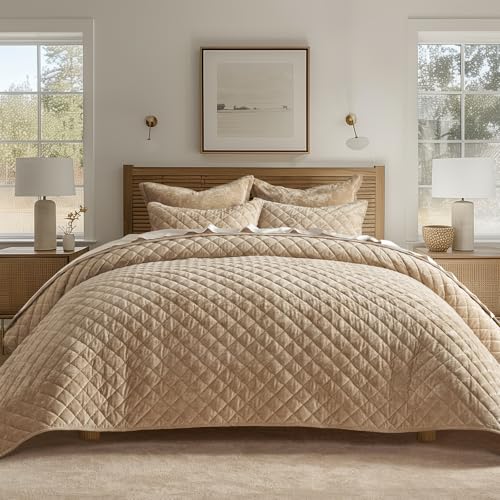 EVERGRACE Luxury Velvet Quilt Set Queen Size, Diamond Quilted Lightweight Velvet Comforter for All Season, Ultra Soft Oversized Bedspread Coverlet Bedding Set with 2 Pillow Shams, Beige Taupe EVERGRACE