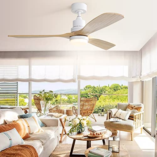 Sofucor 52 Inch Ceiling Fan with Lights Modern Wood Ceiling Fan Remote Control Dimmable LED Light 3 Blades Reversible DC Motor for Farmhouse Bedroom Living Room Patio with Cover(Burlywood)