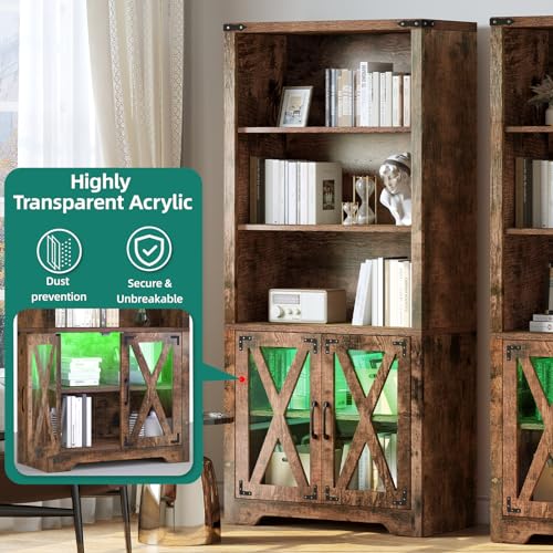 YITAHOME Bookcase with Doors&LED Light, Industrial Bookshelf with Storage Cabinet, Wooden Farmhouse Bookshelves for Living Room/Bedroom/Dining